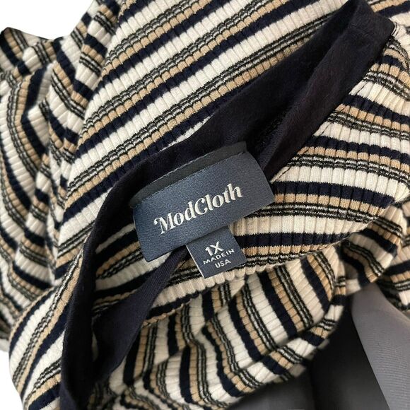 ModCloth Plus 1X Bodycon Mini Dress Striped Short Sleeve Blue White Beige - Picture 2 of 10